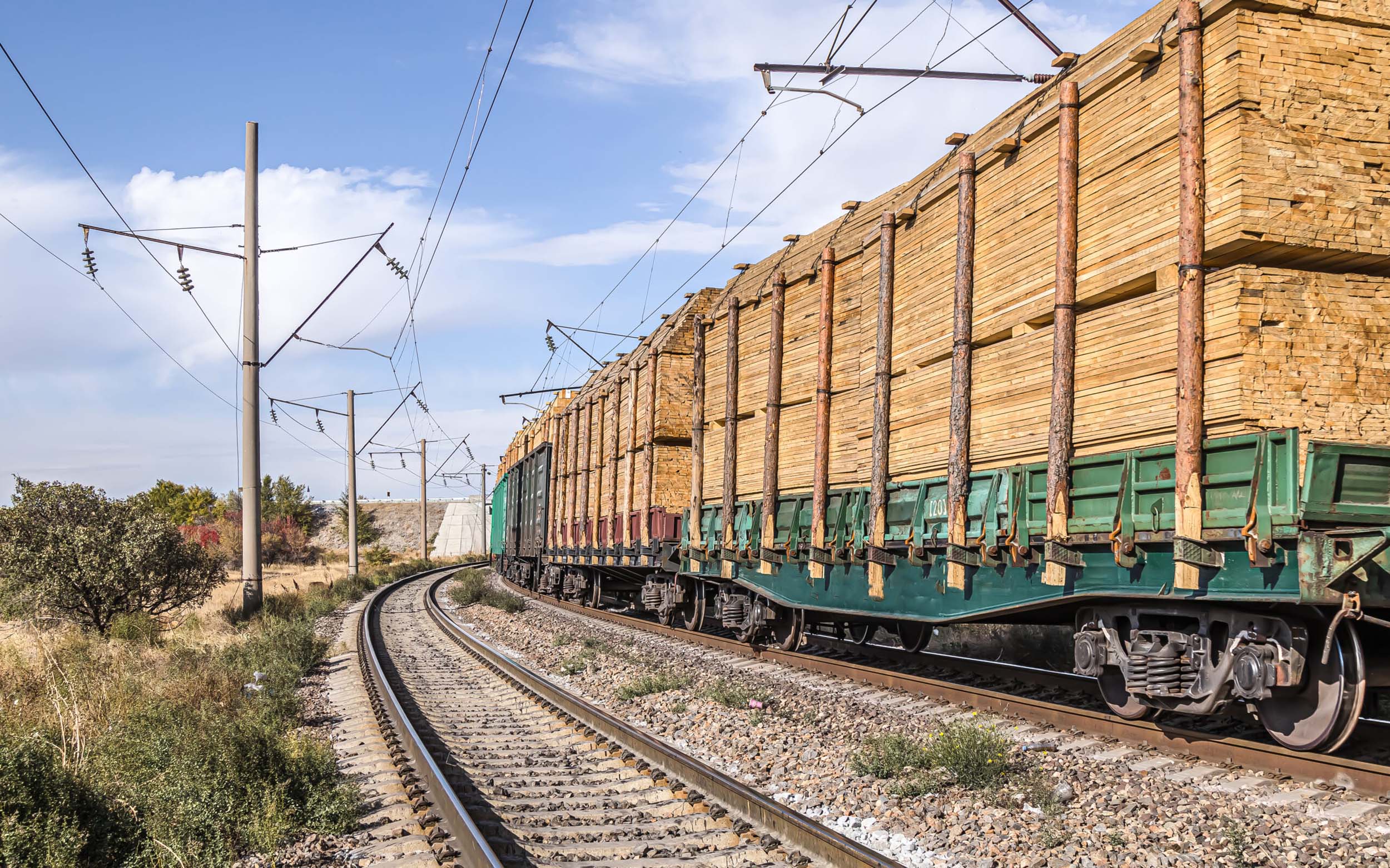Rail freight transport carrying lumber for factory built construction