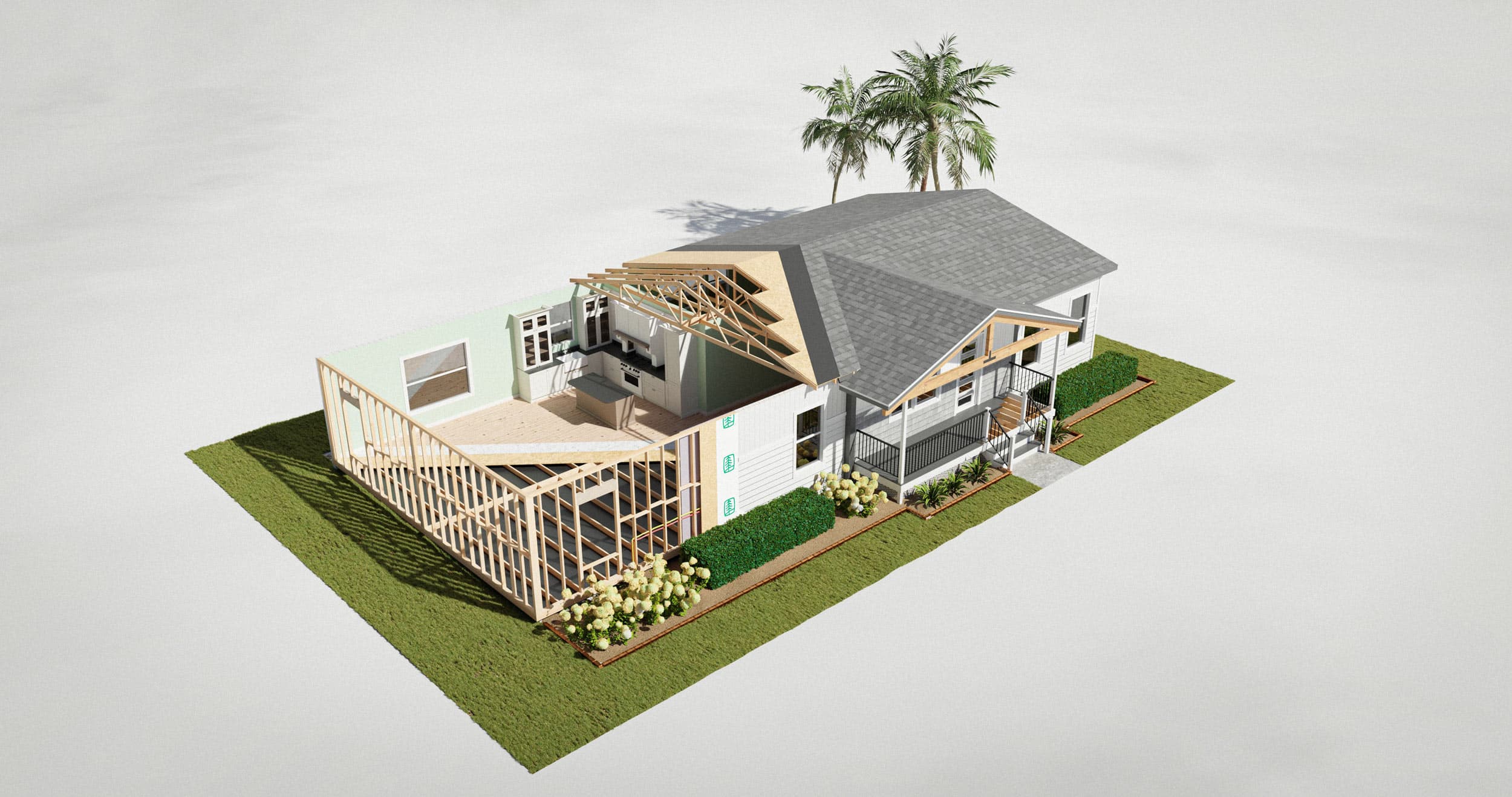 Manufactured home render showcasing UFP Factory Built structural components
