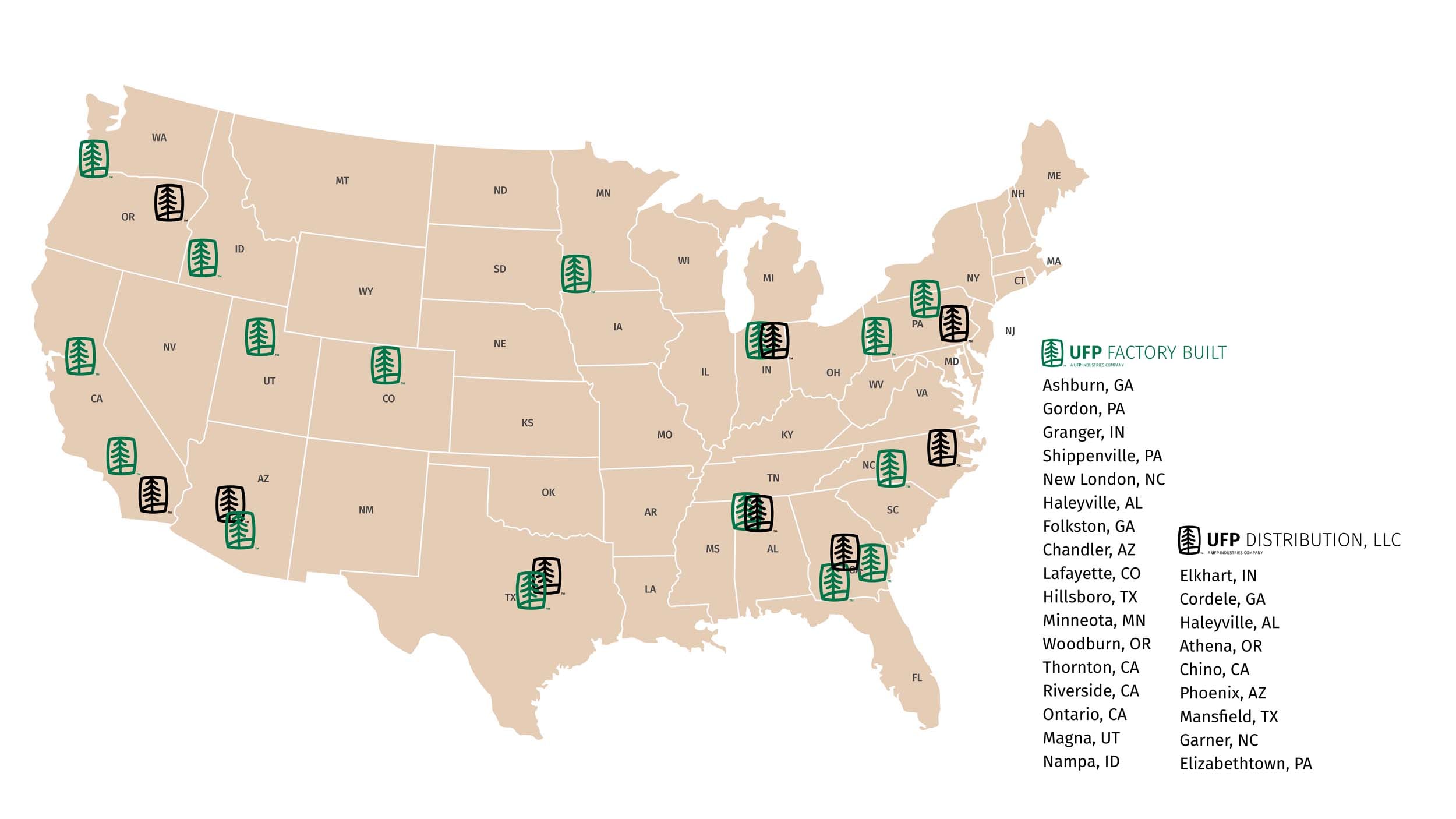 UFP Factory Built and UFP Distribution locations across the United States
