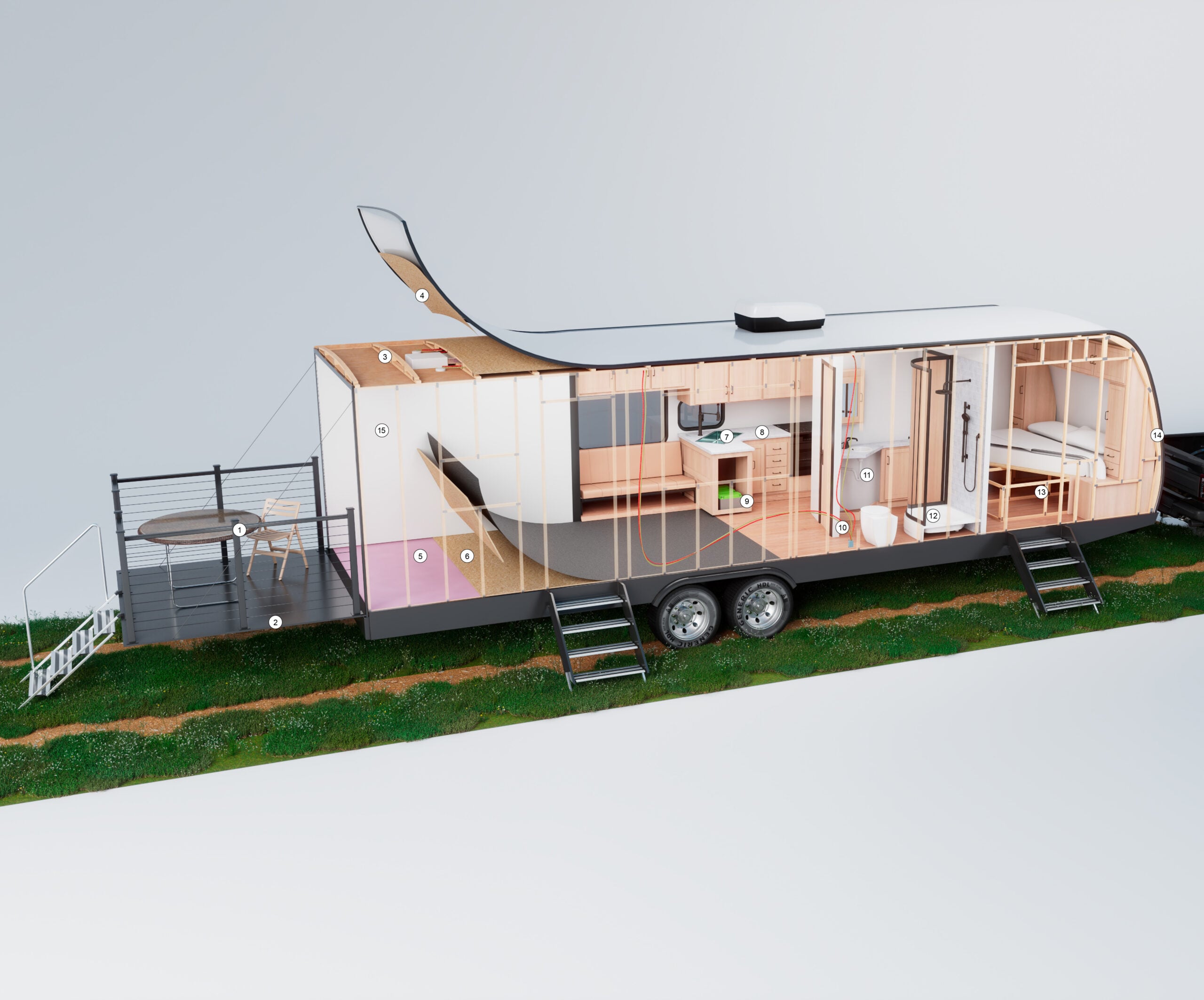 Cut-away diagram of an RV showing numbered structural components
