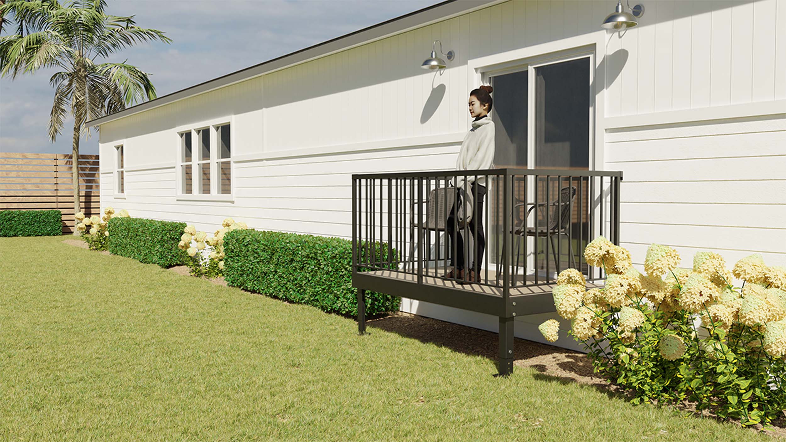 Custom flip-down deck component for manufactured home porch