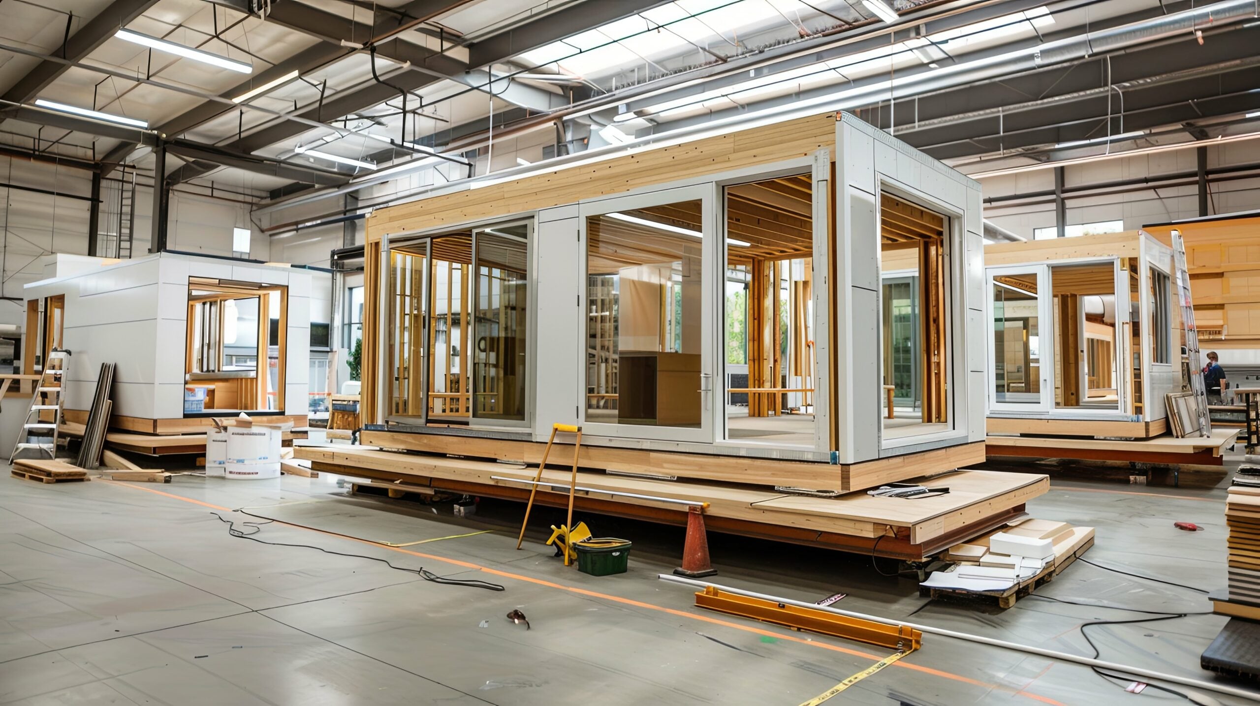 Modular building under construction with workers on site