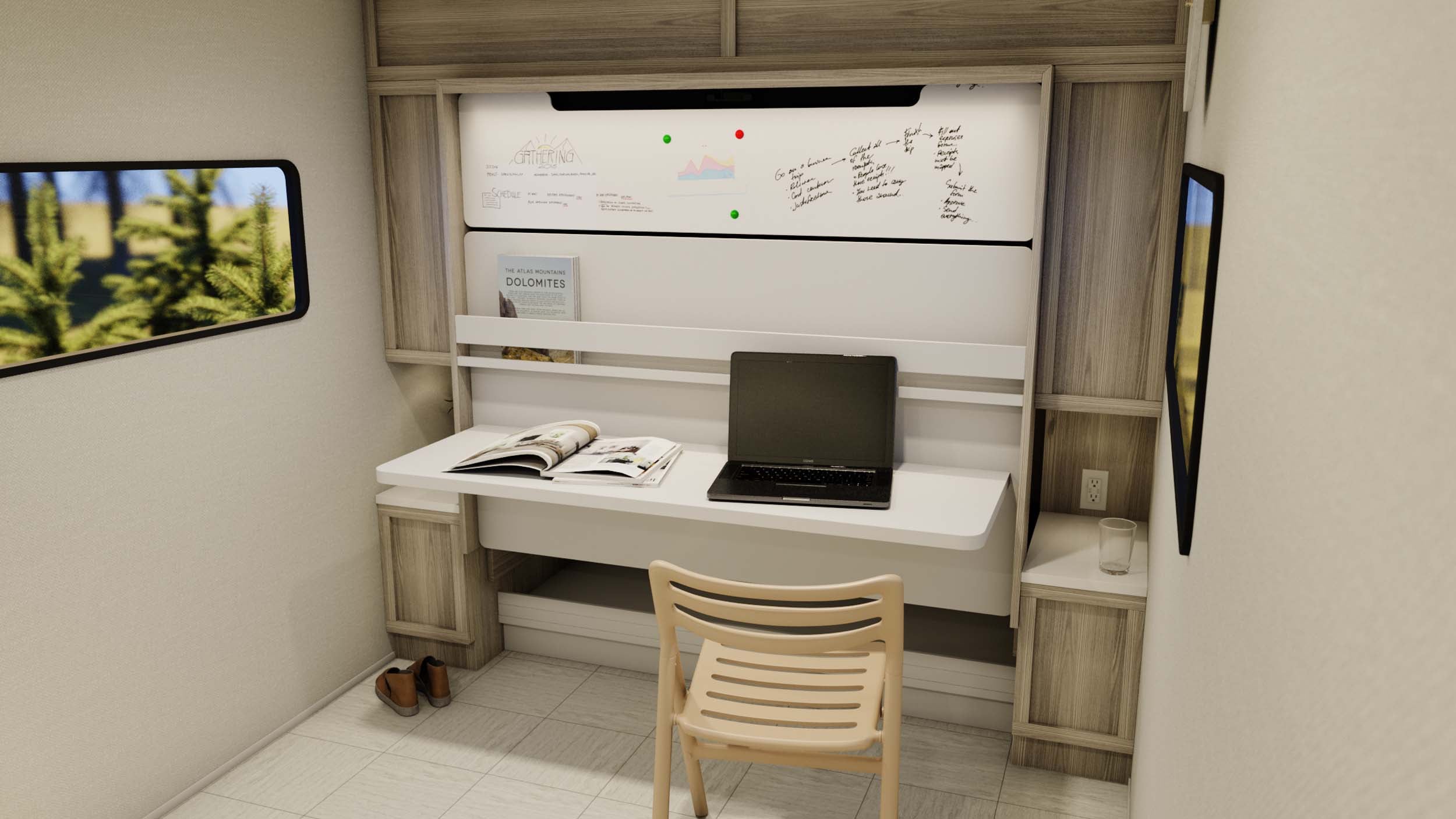 Custom Murphy bed and desk dual-purpose workspace in an RV